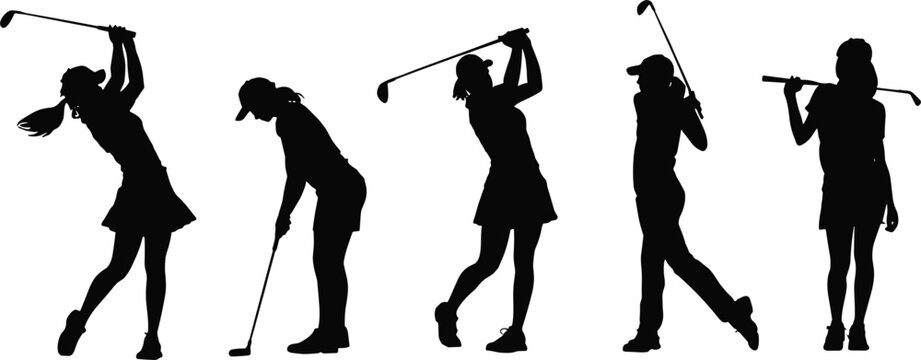 Silhouettes of female golfers in various poses during a golf game Keywords: female golfers silhouettes golf swing putting driving