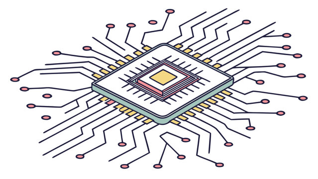 Isometric central processing unit chip graphic illustration with processor hardware technology electronic computer semiconductor isometric microchip microprocessor illustration component