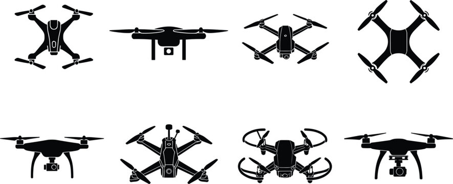 Black vector silhouette set of various drones and quadcopters from different angles, aerial photography, technology, and surveillance icon collection