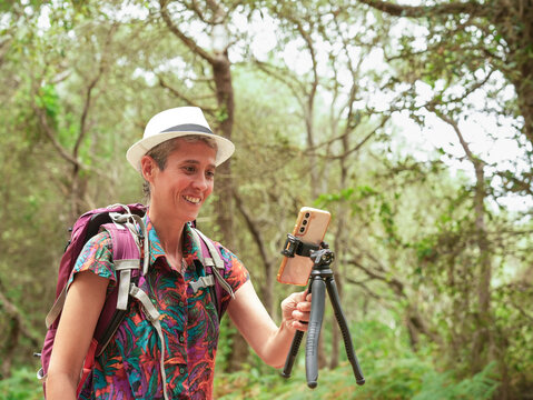 Woman Using Smartphone Tripod