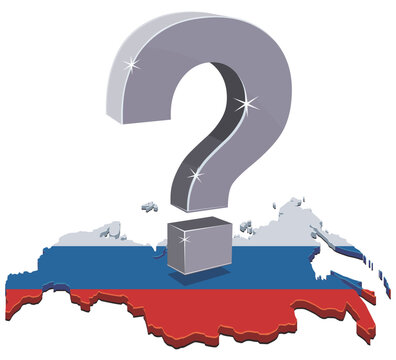 3D isometric map of Russia with national flag and large question mark symbolizing geopolitical uncertainty, strategic doubt, and future policy decisions. (cut out)