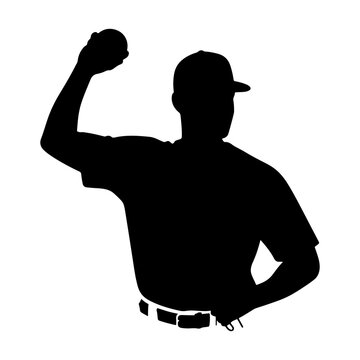 Silhouette of a male baseball player or pitcher holding a ball preparing to throw in upper body view
