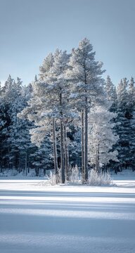 Frosty evergreen trees in deep winter snow field.