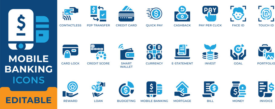 Mobile Banking Fintech Smart Wallet Icon Set - editable flat vectors for digital finance, contactless payment, and budget