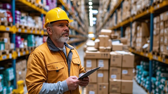 Inventory specialist inspecting blocked warehouse aisle with stacked boxes
