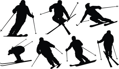 Naklejka premium Silhouettes of skiers in various action poses on a white background skiing snow
