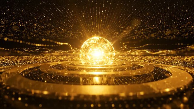 Abstract golden background with a glowing central sphere and concentric rings of light particles representing energy or innovation