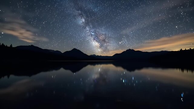 Starry night sky over silhouette mountains and a calm lake reflection