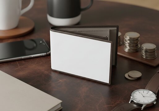 Blank white leather wallet mockup standing on a dark office desk with coins and a wrist watch nearby