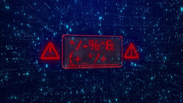 Digital code warning system visual with red alert panels, triangle icons, cyan binary particles, deep tech perspective. for cyber attack videos, malware reports, safety screens, and animated overlays.
