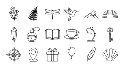 Fototapeta premium Minimal Outline Vector Illustration Pack with Modern Monoline Lifestyle and Nature Elements for Creative Design