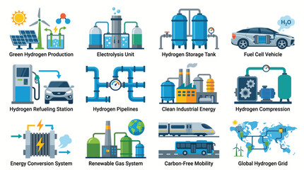 Fototapeta premium Hydrogen Storage Grid And Clean Fuel Icon Set