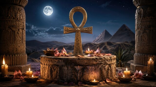 Moonlit Egyptian altar with a golden ankh on a carved stone pedestal, surrounded by candles, lotus flowers, columns and distant pyramids
