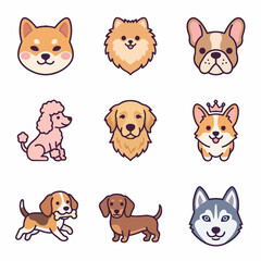 Fototapeta premium Set of nine cute dog breed icons in flat vector style