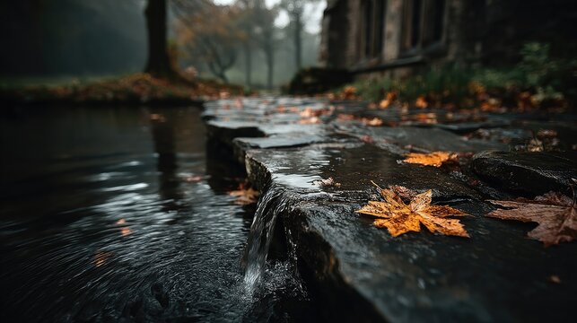 Garden stone waterfall with autumn leaves in park