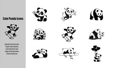 Cute panda bears collection in black and white vector illustration. Adorable cartoon pandas set for kids design and wildlife conservation projects. © Ruksana