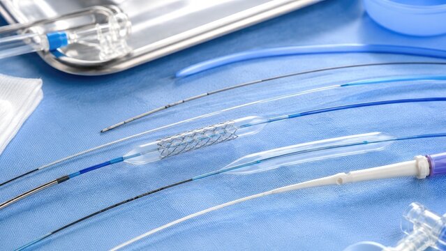 Angioplasty catheters, balloon stents and guidewires arranged on a sterile blue surgical drape ready for an endovascular cardiac procedure