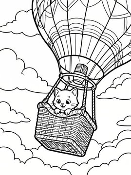 Coloring page, cute cat riding in a hot air balloon.