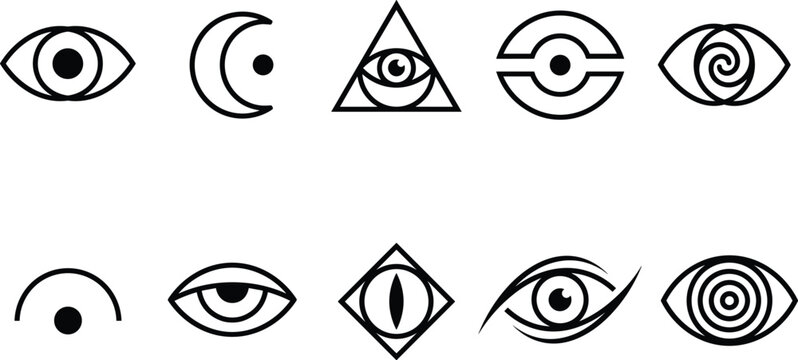 Mystical Eye Symbol Icon Set with All Seeing Eye Pyramid Moon Spiral and Hypnotic Designs for Occult and Esoteric Themes