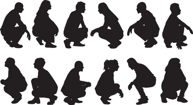 vector,silhouette of a  group of women a and men squatting on white background