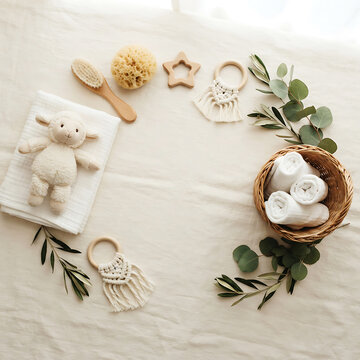 Neutral-toned baby nursery essentials flat lay with plush, pacifier, and teether