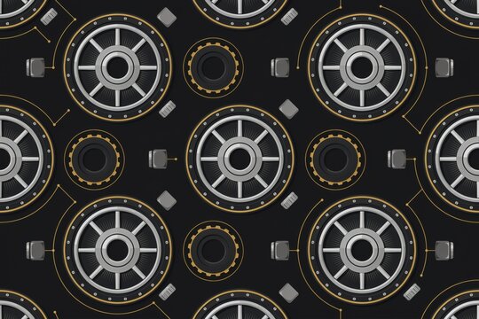 Industrial mechanical seamless pattern featuring metallic circular gears, cogwheels, and technical lines on a dark black background