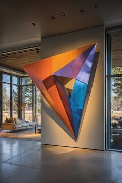 Geometric sculpture in modern building lobby.