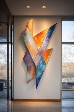 Geometric abstract wall sculpture in modern interior setting