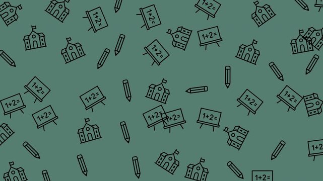 Seamless pattern background with school buildings and math chalkboards and pencils.