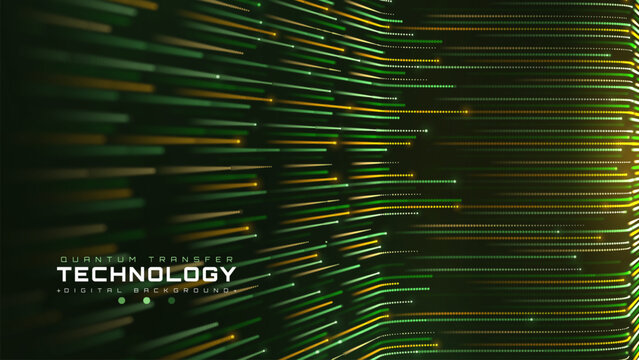 Modern Glowing Green And Gold Line Dot Particle Digital Motion Graphic Shows Smart Quantum Transfer Speed Delivering Futuristic Advanced Technology Corporate Business Information System.