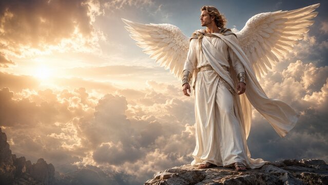 A majestic male angel with large white wings stands on a rocky cliff above golden clouds, bathed in dramatic sunlight and wearing a flowing white robe
