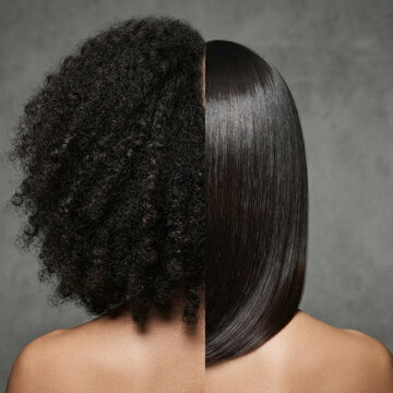 Comparison of curly and straight hair on woman