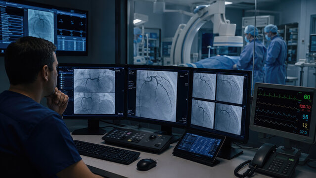 Interventional cardiology lab control room with clinician monitoring coronary angiography images on multiple screens while a surgical team operates under a C-arm