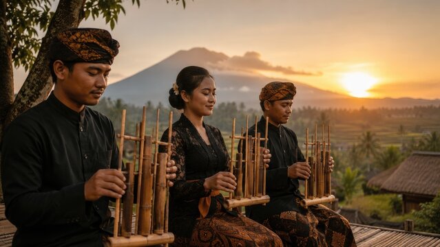 Three Balinese musicians in traditional dress playing bamboo angklung at sunset by rice terraces