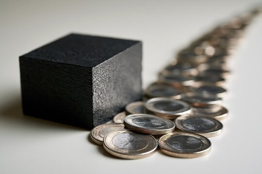 Stacked generic coins forming a path ending at matte black block