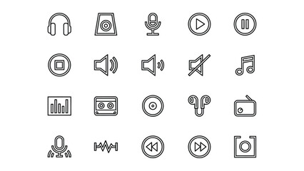 Fototapeta premium Collection of Minimalist Line Icons Representing Various Audio and Media Control Devices and Functions