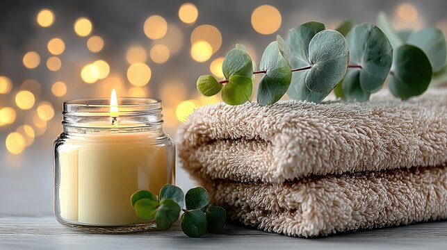 Glass candle jar beside soft towel.