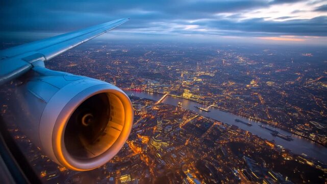 Airplane engine flying over illuminated city at night.