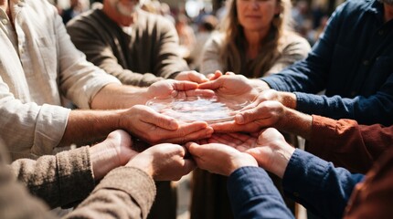 Fototapeta premium Hands of various individuals come together to hold a shallow bowl of water, signifying a moment of unity and connection during a vibrant outdoor gathering filled with warmth.