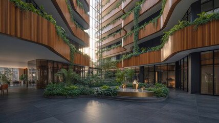 Fototapeta premium Modern luxury apartment building interior courtyard with lush green plants and wooden balconies.