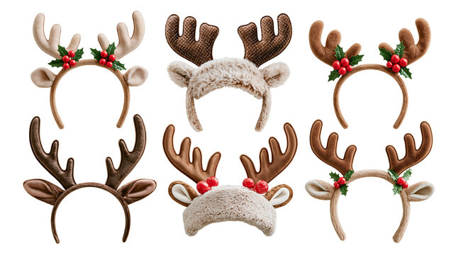 Cute Christmas reindeer antlers headbands set with plush ears and holly berries isolated on transparent background