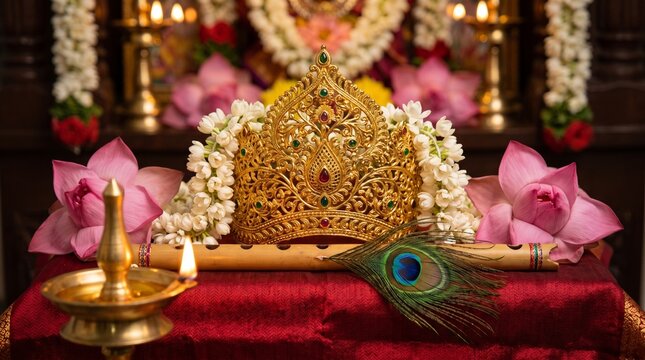 Radha Ashtami, close-up composition of an ornate golden crown decorated with fresh jasmine garlands, blooming pink lotus flowers, elegant pearl jewelry, Krishna's flute resting on luxurious silk fabri