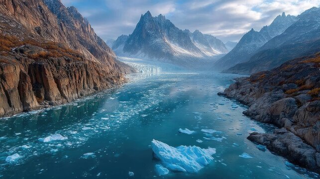 Glacier river flowing through snow capped mountain valley.