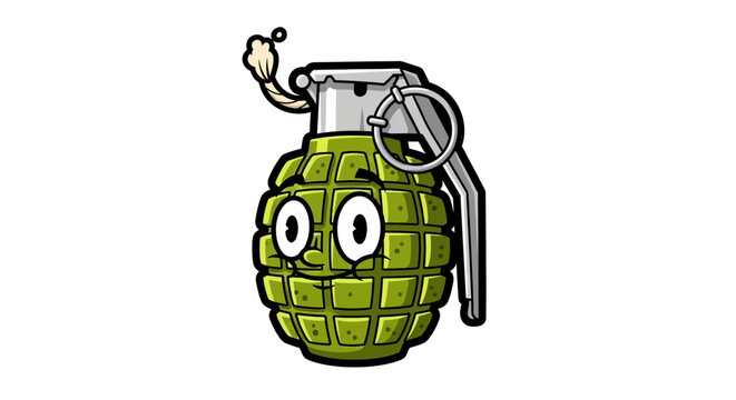 A cartoon illustration of a green explosive device with a face