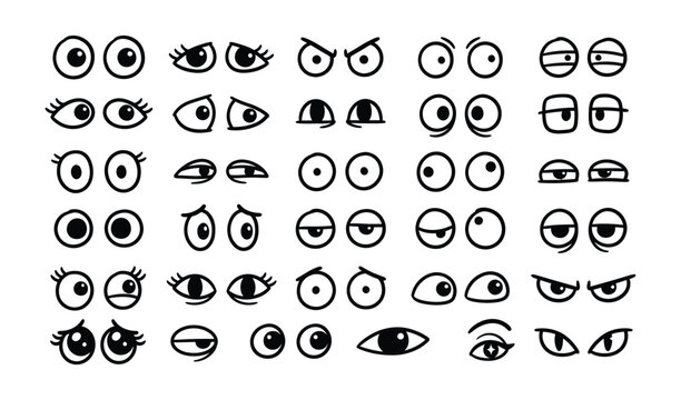 Black and white cartoon collection of various expressive eyes, eyebrows, and glasses for character design and illustration