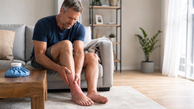 Middle-aged man sitting on couch holding painful swollen red ankle with ice pack on table