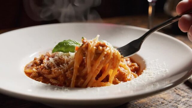 Delicious Steaming Spaghetti Bolognese with Fresh Basil and Parmesan Cheese Served in a Restaurant