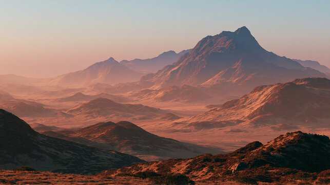 A panoramic view of rugged desert mountains under a warm sunset sky. This evocative landscape image captures a peaceful sense of adventure and travel.