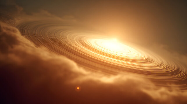 Massive glowing spiral vortex structure floating high above dense golden clouds during a dramatic sunset sky view