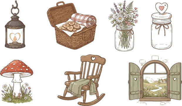 Cozy cottagecore elements set featuring a lantern, picnic basket, flower jar, glass jar, mushroom, rocking chair, and open window with landscape in hand-drawn style